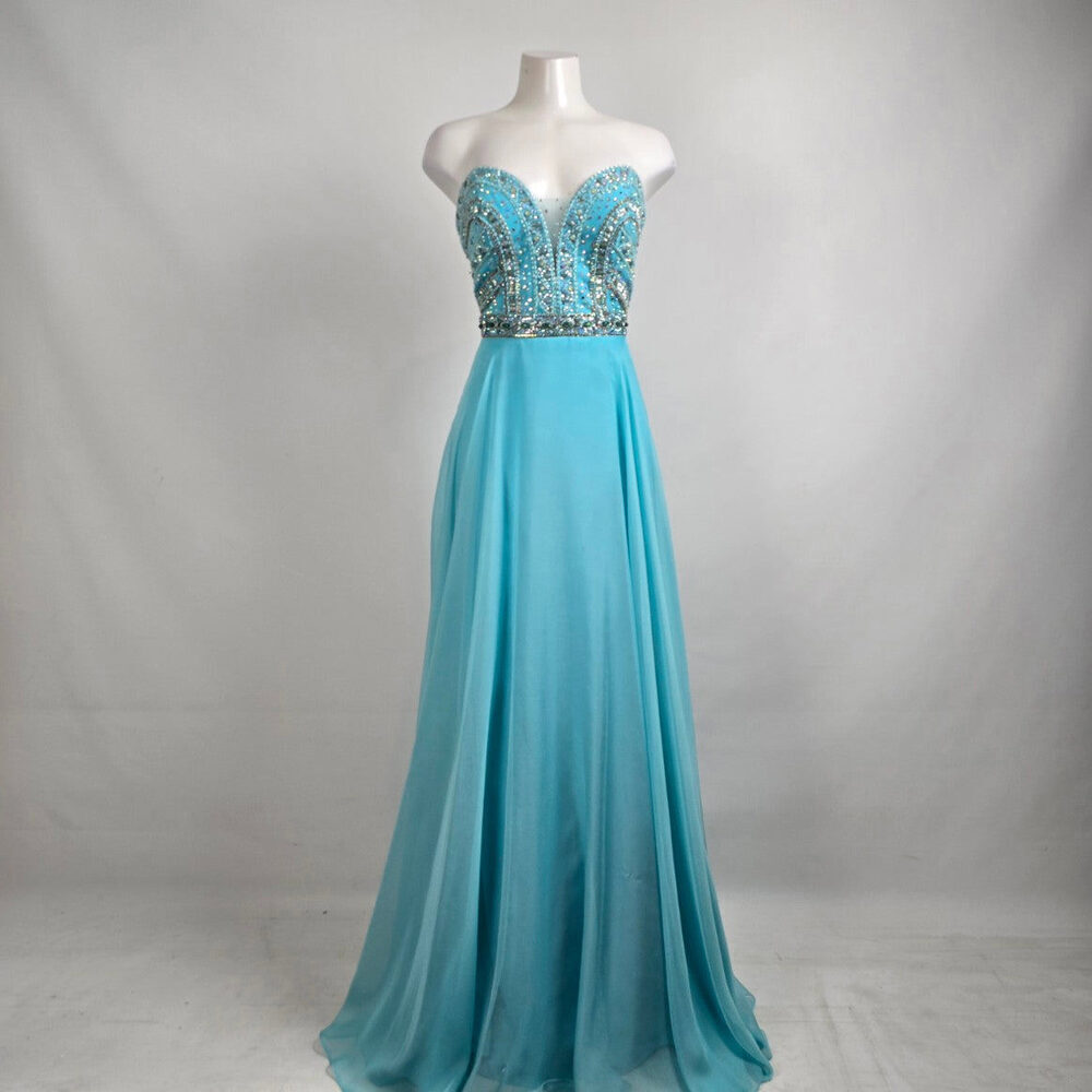 Intrigue Blue Crystal Beaded Top Grad Event Gown Size 12